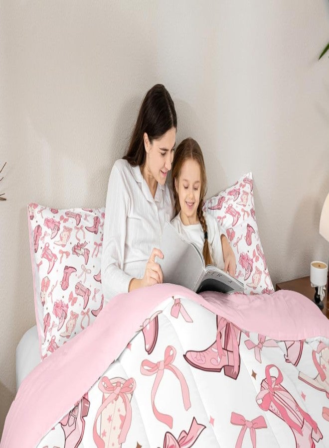 Man Fei Manfei Cowgirl Comforter Set,Western Cowboy Boots Pink Bowknots Bedding Set for Teens Adults Room,Dreamy Fairy Tale Princess Starry Quilt Set,Pink White Duvet Insert 3 Pcs with 2 Pillowcases,Queen - Image 4