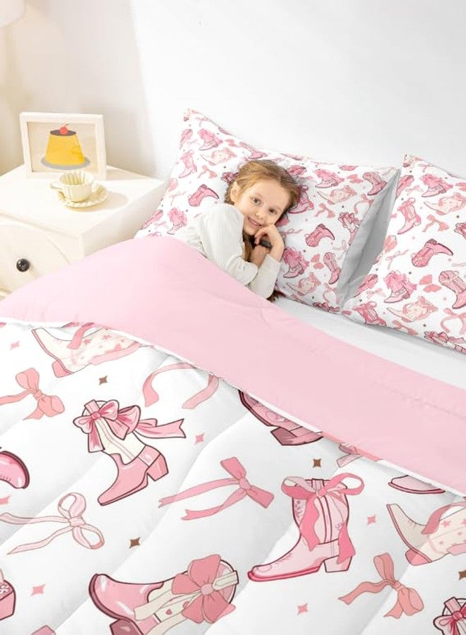 Man Fei Manfei Cowgirl Comforter Set,Western Cowboy Boots Pink Bowknots Bedding Set for Teens Adults Room,Dreamy Fairy Tale Princess Starry Quilt Set,Pink White Duvet Insert 3 Pcs with 2 Pillowcases,Queen - Image 2