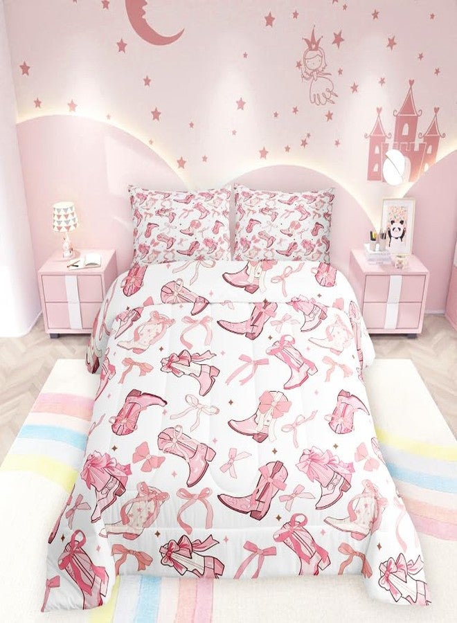 Man Fei Manfei Cowgirl Comforter Set,Western Cowboy Boots Pink Bowknots Bedding Set for Teens Adults Room,Dreamy Fairy Tale Princess Starry Quilt Set,Pink White Duvet Insert 3 Pcs with 2 Pillowcases,Queen - Image 5