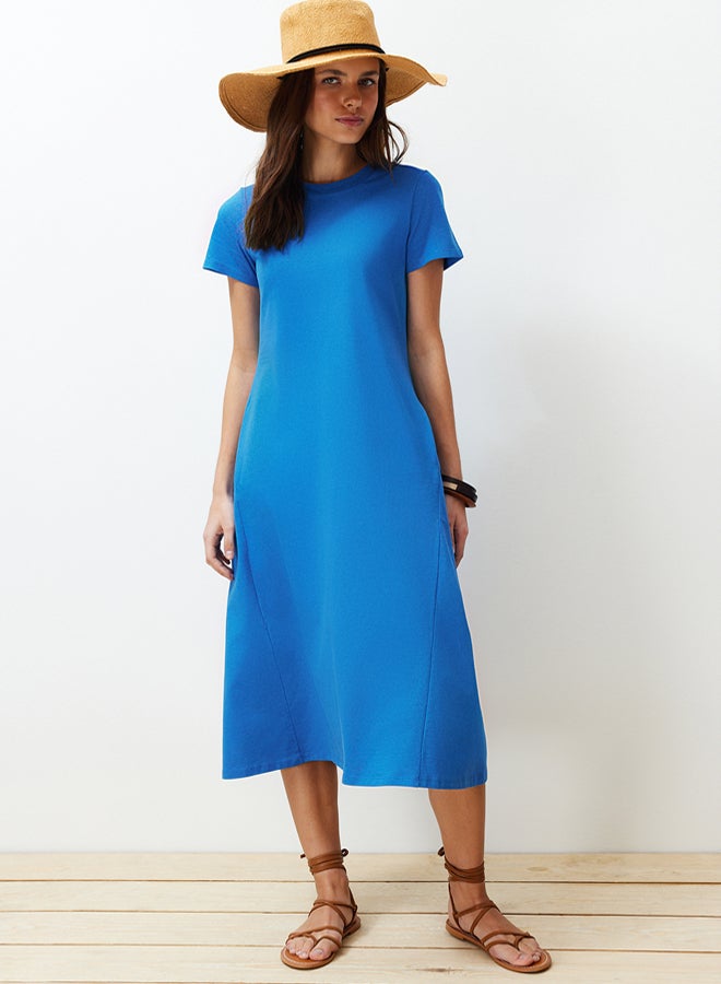 trendyol Premium Crew Neck A-Line Knitted Midi Dress With Sax Pocket - Image 1