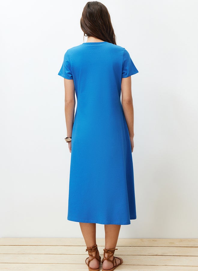 trendyol Premium Crew Neck A-Line Knitted Midi Dress With Sax Pocket - Image 3