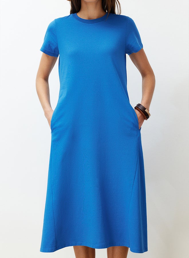 trendyol Premium Crew Neck A-Line Knitted Midi Dress With Sax Pocket - Image 5