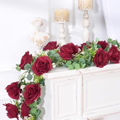 Dolicer 4Pcs 26Ft Artificial Eucalyptus Garlands with Flowers - 8 Roses, Faux Floral Greenery Garlands Fake Flowers Vines for Wedding Table Centerpieces Arch Party Ceremony Backdrop Decor (Red) - Image 3