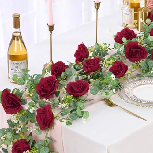 Dolicer 4Pcs 26Ft Artificial Eucalyptus Garlands with Flowers - 8 Roses, Faux Floral Greenery Garlands Fake Flowers Vines for Wedding Table Centerpieces Arch Party Ceremony Backdrop Decor (Red) - Image 2