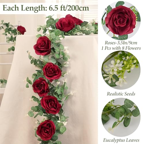 Dolicer 4Pcs 26Ft Artificial Eucalyptus Garlands with Flowers - 8 Roses, Faux Floral Greenery Garlands Fake Flowers Vines for Wedding Table Centerpieces Arch Party Ceremony Backdrop Decor (Red) - Image 4