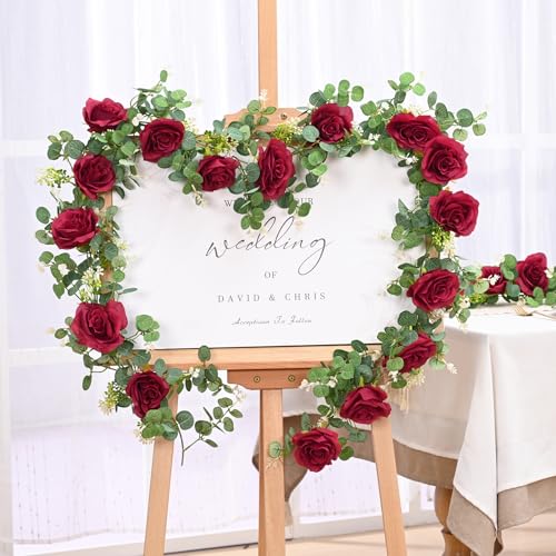 Dolicer 4Pcs 26Ft Artificial Eucalyptus Garlands with Flowers - 8 Roses, Faux Floral Greenery Garlands Fake Flowers Vines for Wedding Table Centerpieces Arch Party Ceremony Backdrop Decor (Red) - Image 5