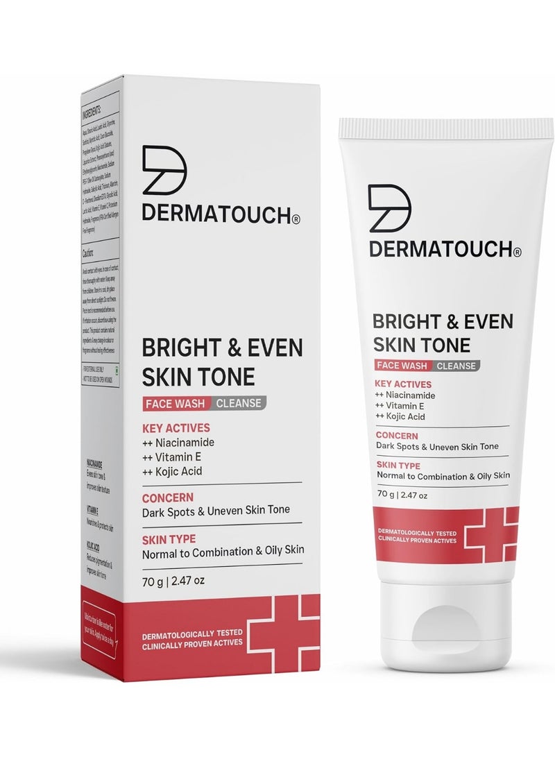 DERMATOUCH Bright & Even Tone Face Wash with Niacinamide Vitamin E and Kojic Acid | Daily Gentle Face Wash For Tan, Pigmentation, Uneven Tone - 70G