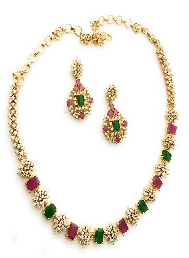 Sasitrends Traditional Micro Gold Plated Multi Color AD American Diamond Jewellery Necklace Jewellery Set for Women and Girls - Image 1