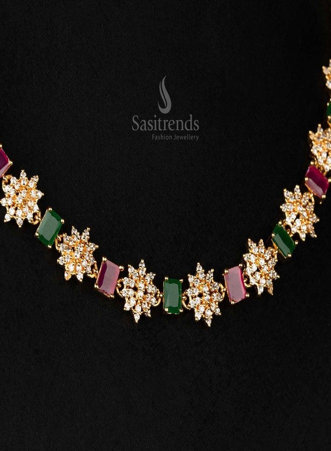 Sasitrends Traditional Micro Gold Plated Multi Color AD American Diamond Jewellery Necklace Jewellery Set for Women and Girls - Image 4