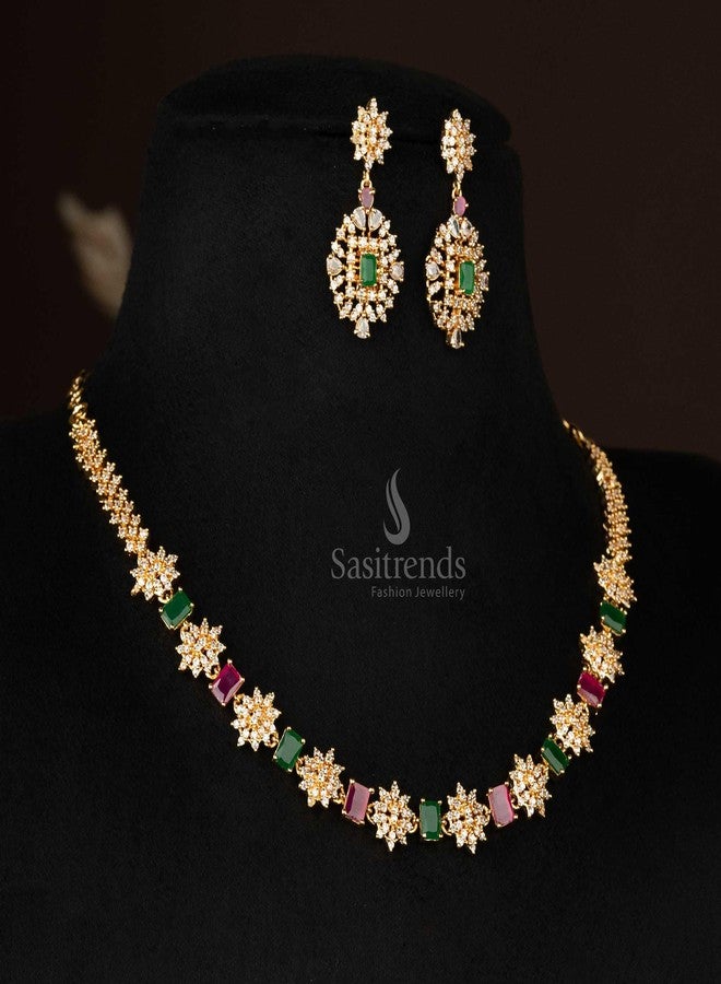 Sasitrends Traditional Micro Gold Plated Multi Color AD American Diamond Jewellery Necklace Jewellery Set for Women and Girls - Image 3