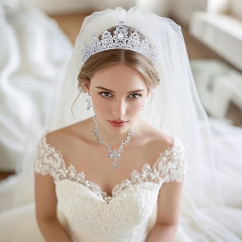 Kamirola Tiaras and Crowns for Women,Tiaras Earrings Necklace, Crystal Bridal Jewelry Set, Costume Party Halloween Prom Pageant Jewelry for Women(TR45) (Silver) - Image 2