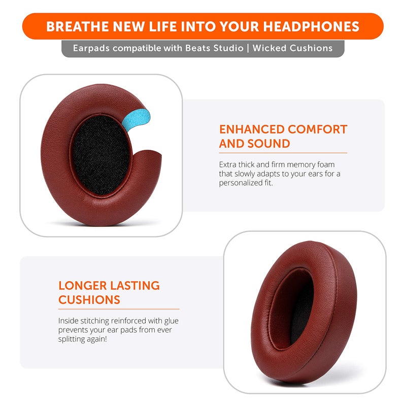 WC Wicked Cushions Replacement Ear Pads for Beats Studio 2 & 3 (B0501, B0500) Wired & Wireless | Does NOT Fit Beats Solo | Softer PU Leather, Enhanced Foam & Stronger Adhesive | Burgundy - Image 4