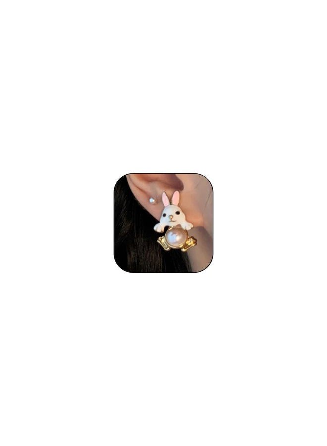 GLMOCM Easter Bunny Earrings for Women Vintage Pearl Rabbit Earrings Pearl Bunny Ear Jacket for Women Animal Jewelry, Small, Alloy Steel, No Gemstone - Image 1