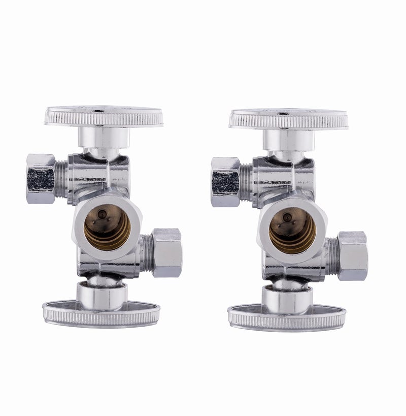 Pack of 2 EFIELD 14 Turn Dual Compression Outlet Angle Stop Valve with 2 Shut Off ValveHandles 12 NOM 58 OD x 38 inch x 38 inch ChromeVALVE1342PCS