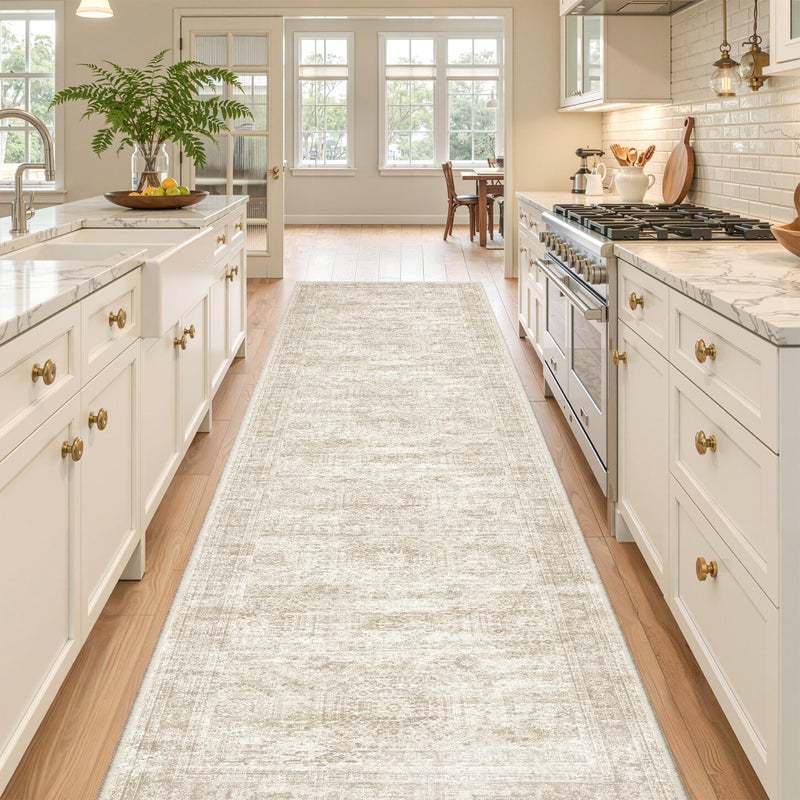 Restydon Kitchen Runner Rugs Non Skid Washable - 2.5 x 10 Runner Rug with Anti Slip Backing, Ultra-Thin Soft Rug Runner for Hallway, Bedroom, Living Room (2.5'x10', Beige/Ivory) - Image 1
