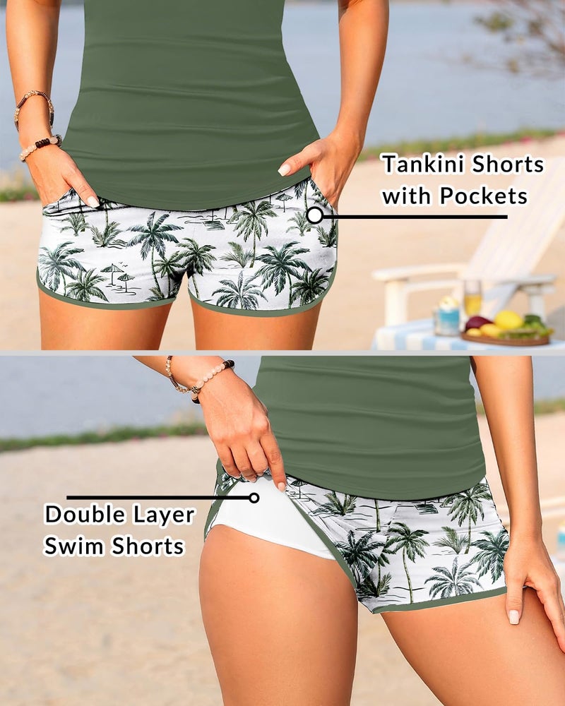 Yonique Women Tankini Swimsuit with Shorts - Two Piece Tummy Control Bathing Suit with Pockets 2025 Swimwear Green Palm Tree M - Image 4
