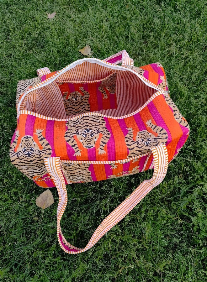 INDACORIFY Cotton Tiger Print Quilted Duffle Bags Large Size Beautiful Print Weekender Bags Handmade Shoulder Travel Overnight Trip Yoga Bag - Image 4