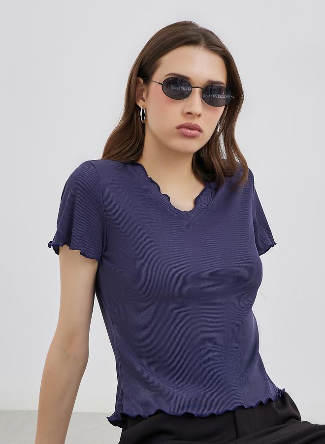Take Two Solid Ribbed Lettuce Hem T-Shirt - Image 1