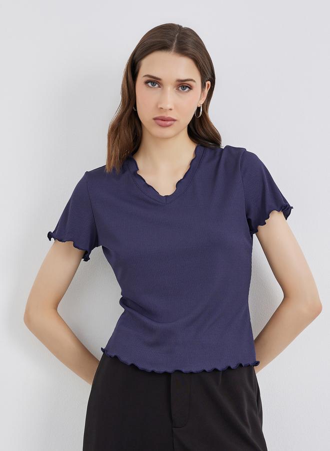 Take Two Solid Ribbed Lettuce Hem T-Shirt - Image 3