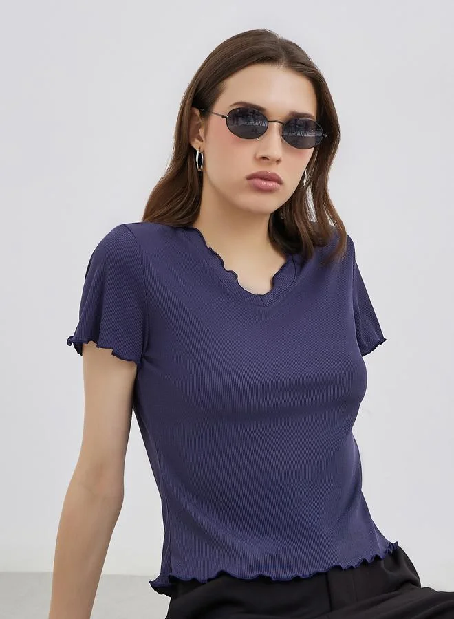 Take Two Take Two Solid Ribbed Lettuce Hem T-Shirt