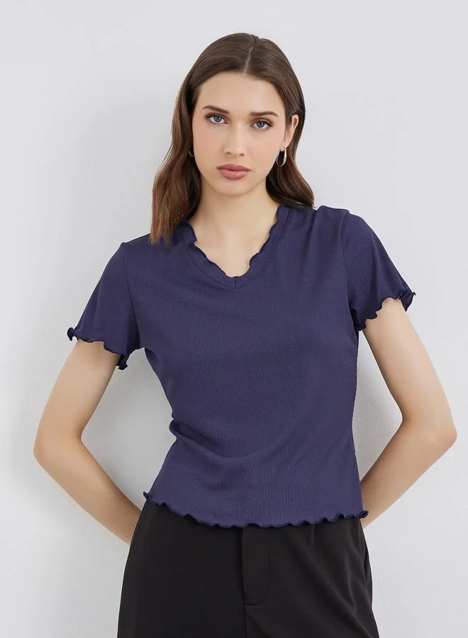 Take Two Take Two Solid Ribbed Lettuce Hem T-Shirt