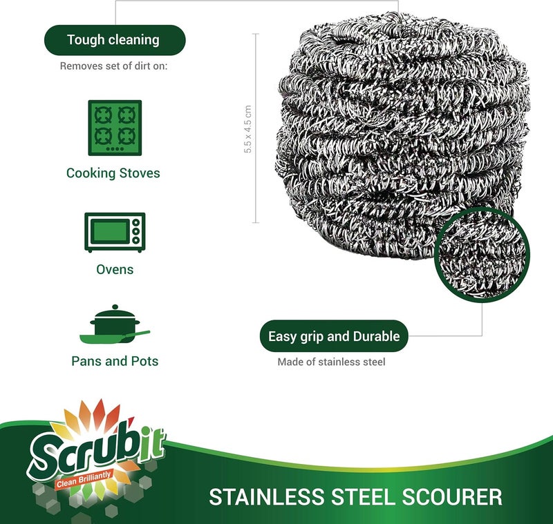 SCRUBIT 6 Pack Stainless Steel Scourers – Steel Wool Scrubber Pad Used for Dishes, Pots, Pans, and Ovens. Easy scouring for Tough Kitchen Cleaning. - Image 5