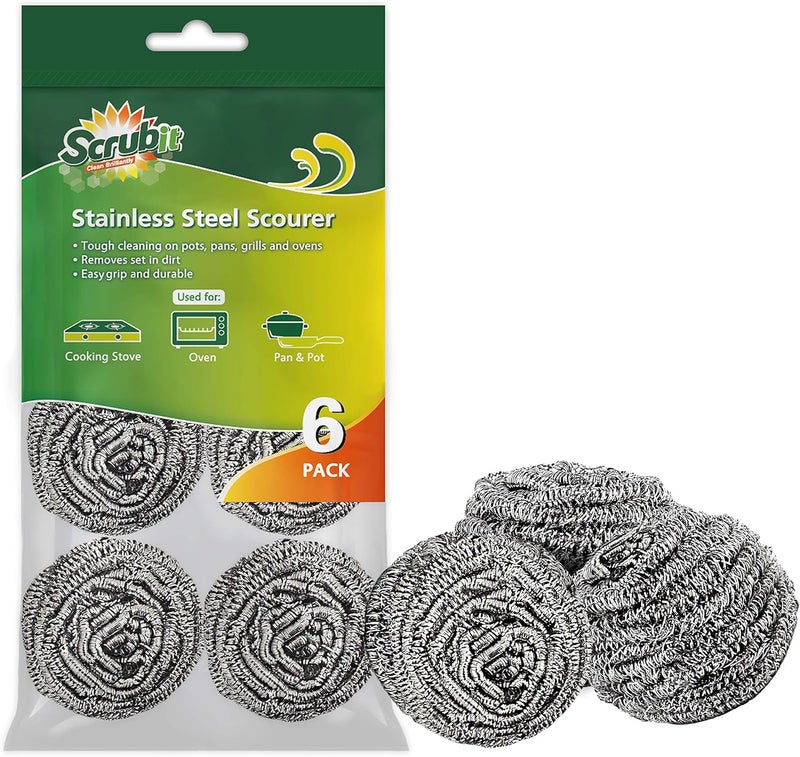 SCRUBIT 6 Pack Stainless Steel Scourers – Steel Wool Scrubber Pad Used for Dishes, Pots, Pans, and Ovens. Easy scouring for Tough Kitchen Cleaning. - Image 1