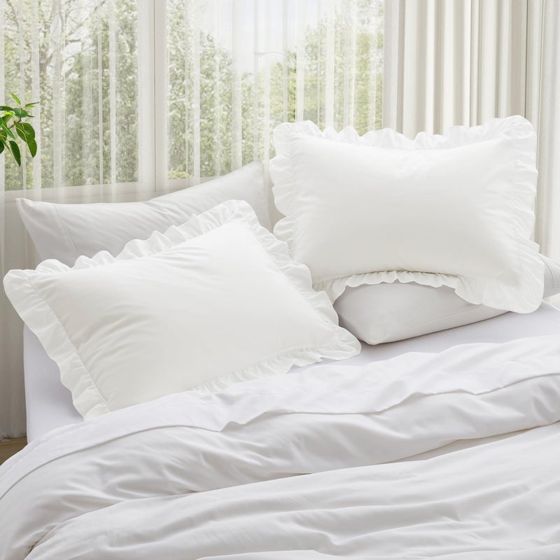 KKJIAF Ruffle Pillow Cases Standard Size Set of 2, Ruffled Pillow Covers with Envelope Closure, Wrinkle Resistant Pillowcases 20" x 26", Ruffled Pillow Shams, White - Image 2