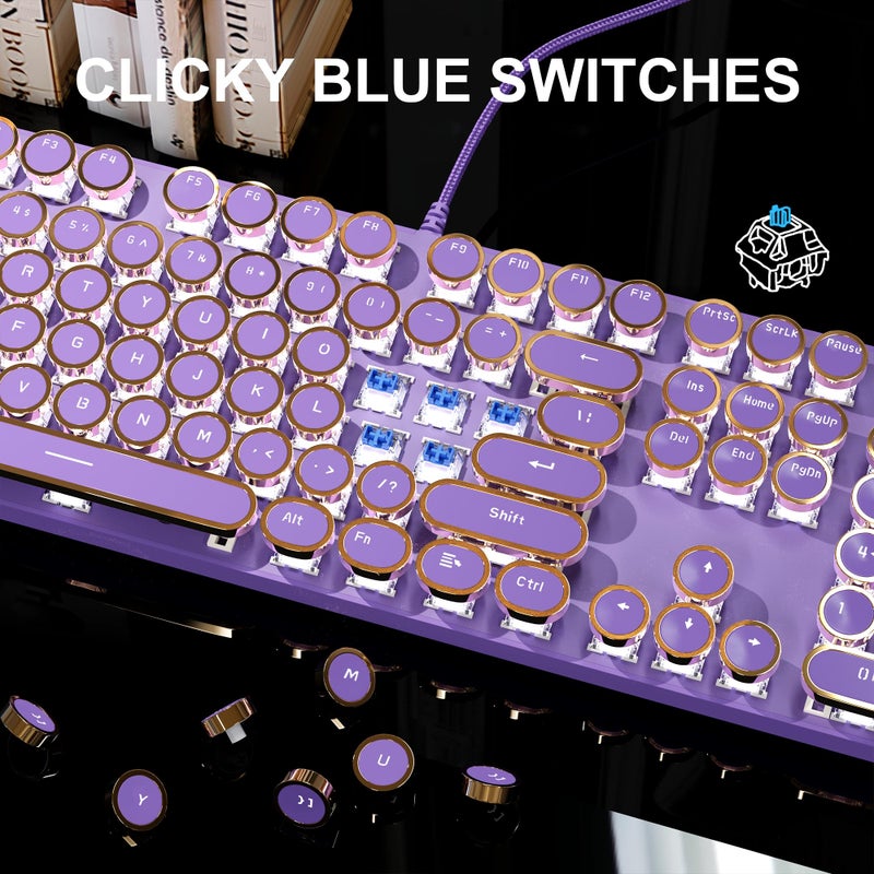 MageGee Typewriter Mechanical Gaming Keyboard, Retro Punk Purple Round Keycaps, 104 Keys LED White Backlit Wired Keyboards for Laptop MAC PC Gamer, with Magnetic Wrist Rest, Blue Switch - Image 2