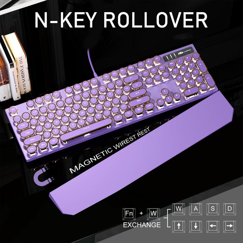 MageGee Typewriter Mechanical Gaming Keyboard, Retro Punk Purple Round Keycaps, 104 Keys LED White Backlit Wired Keyboards for Laptop MAC PC Gamer, with Magnetic Wrist Rest, Blue Switch - Image 3