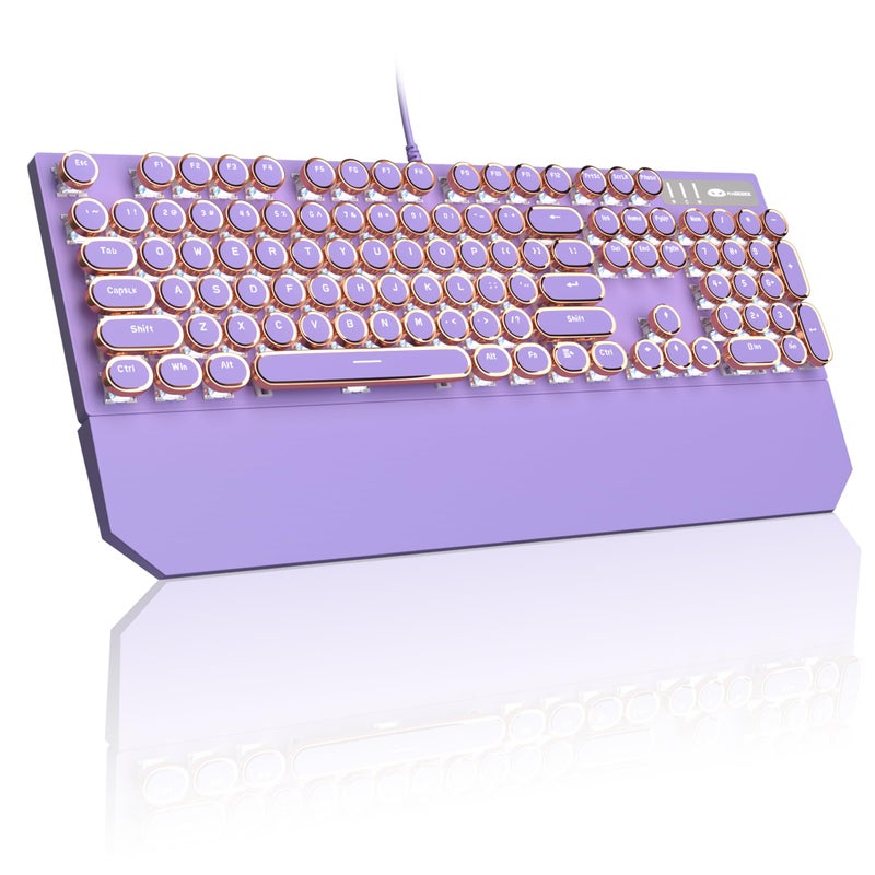 MageGee Typewriter Mechanical Gaming Keyboard, Retro Punk Purple Round Keycaps, 104 Keys LED White Backlit Wired Keyboards for Laptop MAC PC Gamer, with Magnetic Wrist Rest, Blue Switch - Image 1