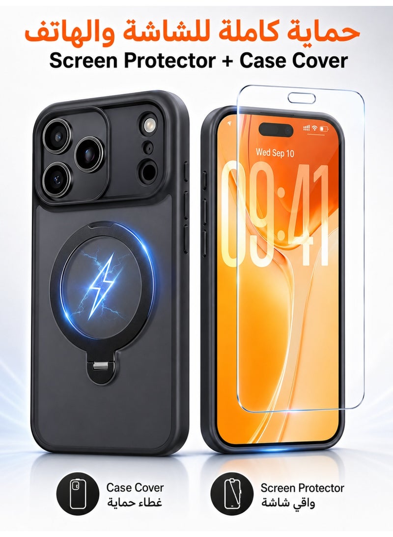ORYXA iPhone 17 Pro Max Case, 2 in 1 Magnetic Cover + Screen Protector, Compatible with MagSafe, 360° Magnetic Stand, Military-Grade Shockproof Heavy Duty 17 Pro Max Cover for iPhone 17 Pro Max, Black - Image 2