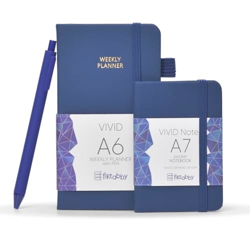 Kitabby – VIVID A6 Size Weekly Planner with Pen & A7 Pocket Size Notebook Combo | Hard Bound Undated Planner with Elastic Band & Pen Loop | 128 Pages | 70gsm Natural Shade Paper | Polymer Coated Paper Cover Material – (Navy Blue) - Image 1