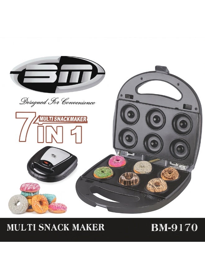 BM Satellite 7-in-1 Multi Snack Maker BM-9170 | 1000W | Interchangeable Non-Stick Plates | Sandwich, Grill, Donut, Waffle, Fish, Samosa & Cookie Maker | Cool Touch & Overheat Protection - Image 1