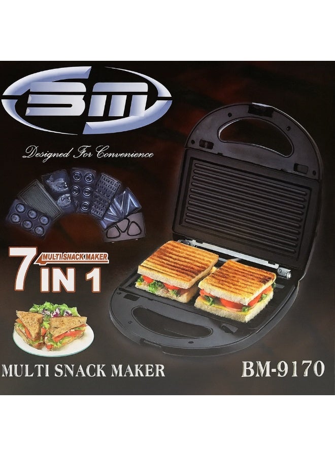 BM Satellite 7-in-1 Multi Snack Maker BM-9170 | 1000W | Interchangeable Non-Stick Plates | Sandwich, Grill, Donut, Waffle, Fish, Samosa & Cookie Maker | Cool Touch & Overheat Protection - Image 2