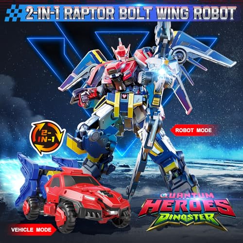 QUANTUM HEROES DINOSTER Transformable Robot 2 in 1 Raptor Bolt Wing, 8.66 inch, Transforming Robot Toy for Kids , Chariot Transforming Toy for Boys Girls 5 6 7 8 9 10 Years, Red Blue - Image 2
