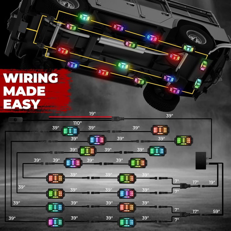 16 حزمة من أضواء الصخور RGB خماسية الجوانب للشاحنات وجيب وUTV وSUV، مع تحكم متعدد الألوان المتتابعة عبر التطبيق/جهاز التحكم عن بعد، وضع الموسيقى، مجموعات إضاءة خارجية مقاومة للماء للسيارات - Image 5