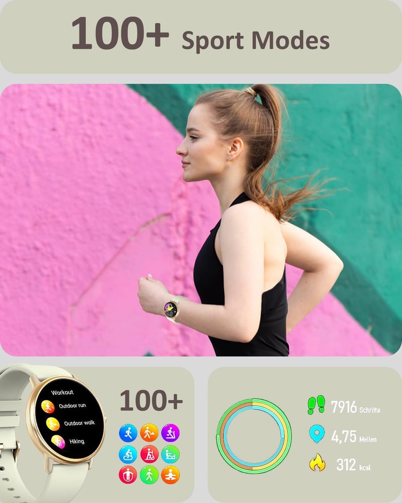 Smartwatch Women Men with Bluetooth Call,1.43 Inch AMOLED HD Screen IP68 Fitness Activity Tracker Watch with Blood Pressure/Heart Rate/Blood Oxygen/Sleep Monitor 100+ Sports Modes (Creamy White) - Image 5
