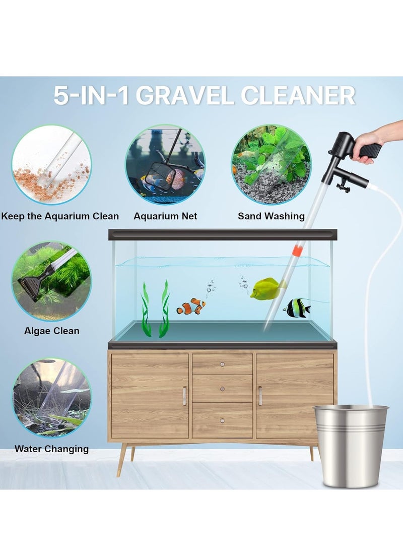 منظف الحصى لخزان السمك، نظام تبادل الماء بالضغط الهوائي السريع قابل لضبط تدفق الماء، مجموعة مكنسة الرمل لخزان السمك مع شبكة لخزان السمك لتغيير الماء وتنظيف فلتر الحصى - Image 3