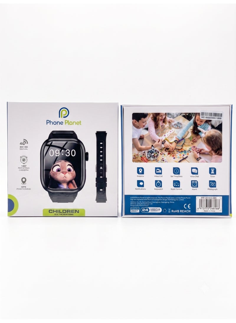 Phone Planet 4G Kids Smart Watch with GPS Tracker, 180° Rotating Camera, Video Calling & Real-Time Monitoring - Black (Model PP-WH03-BK) - Image 4