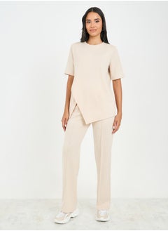 Styli Asymmetrical Hem T-Shirt & Straight Fit Pintuck Detail Pant Co-Ord  - Image 1