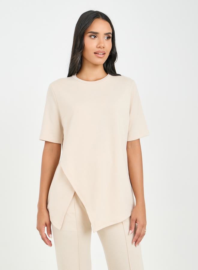 Styli Asymmetrical Hem T-Shirt & Straight Fit Pintuck Detail Pant Co-Ord - Image 2
