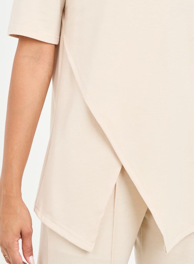 Styli Asymmetrical Hem T-Shirt & Straight Fit Pintuck Detail Pant Co-Ord - Image 3