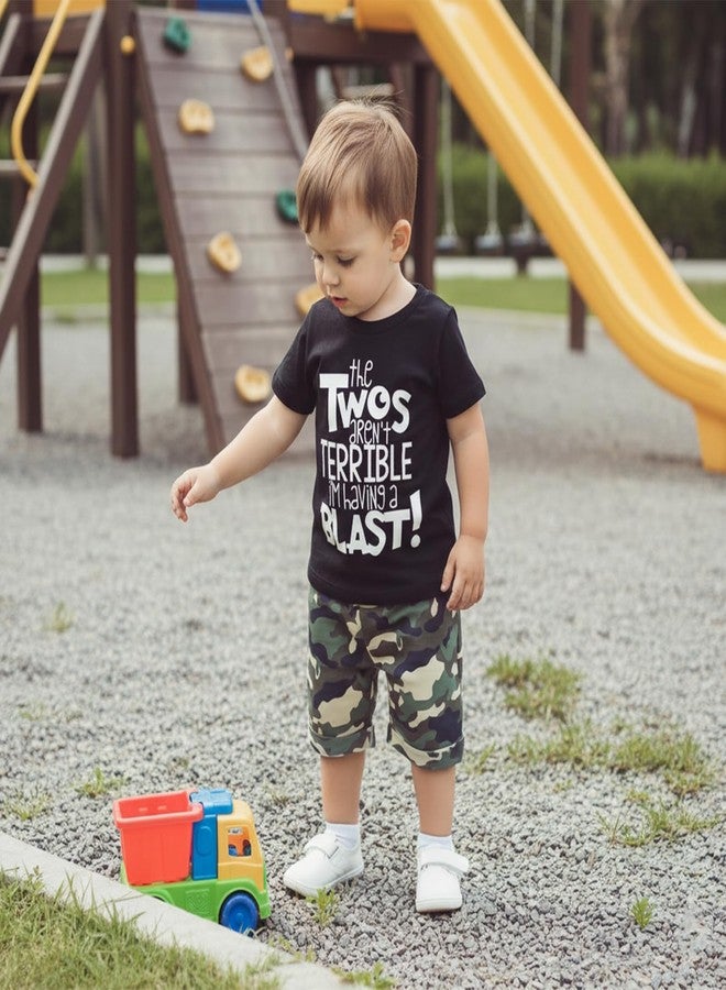 Fernvia Toddler Baby Boy 2nd Birthday Outfit Letter Print Short Sleeve T-shirt Elastic Camouflage Shorts Summer Clothes (A-The Twos Aren't Terrible Black, 2-3T) - Image 2