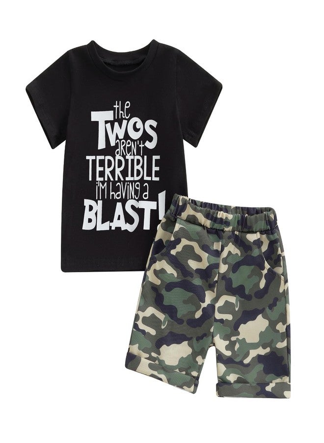 Fernvia Toddler Baby Boy 2nd Birthday Outfit Letter Print Short Sleeve T-shirt Elastic Camouflage Shorts Summer Clothes (A-The Twos Aren't Terrible Black, 2-3T) - Image 1