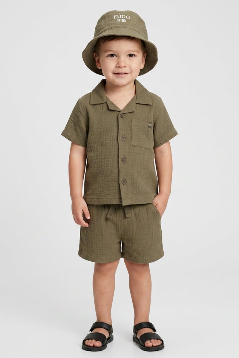 Fudo Toddlers Boy 3 Pieces Brand Logo Shirt With Shorts And Bucket Hat Set, Dark Olive - Image 1