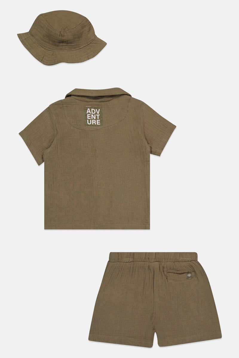 Fudo Toddlers Boy 3 Pieces Brand Logo Shirt With Shorts And Bucket Hat Set, Dark Olive - Image 3