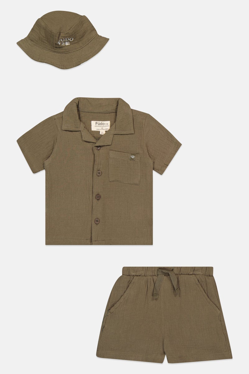 Fudo Toddlers Boy 3 Pieces Brand Logo Shirt With Shorts And Bucket Hat Set, Dark Olive - Image 2