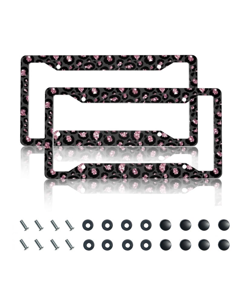 CTVSLFU License Plate Frame 2 Pack Aluminum Metal Rust-Proof Front & Rear Car Tag Holder with 4 Holes, Universal Car Accessories with Screws for Men & Women - 009 Black Pink Leopard - Image 1