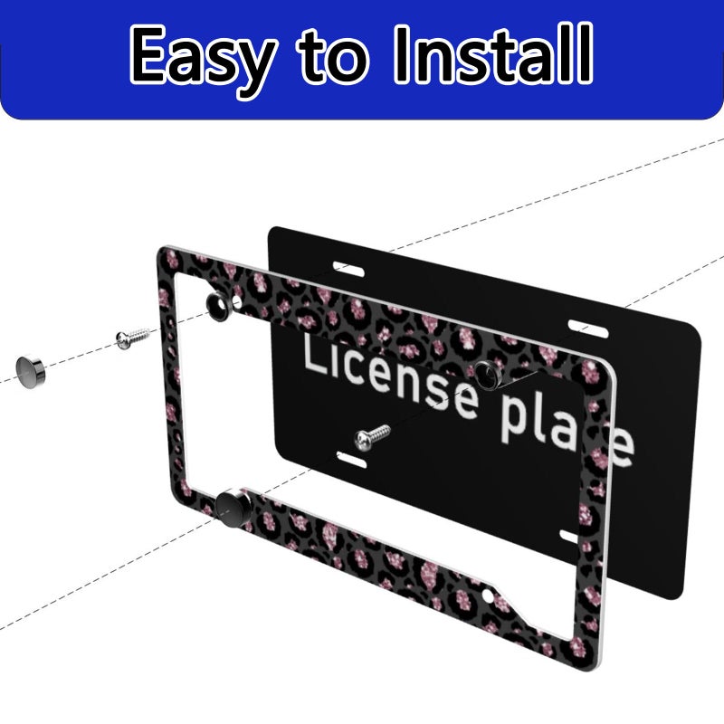 CTVSLFU License Plate Frame 2 Pack Aluminum Metal Rust-Proof Front & Rear Car Tag Holder with 4 Holes, Universal Car Accessories with Screws for Men & Women - 009 Black Pink Leopard - Image 4